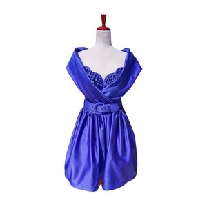 Stunning Vintage 80's Tadashi Purple Off Shoulder Beaded Cocktail‎ Dress Size 8